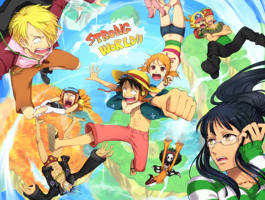 2girls 6+boys afro black_hair blonde_hair blue_hair brook_(one_piece) cigarette commentary_request curly_eyebrows franky_(one_piece) hair_over_one_eye halterneck hat itsuki_(nightlight) jewelry long_hair monkey_d._luffy multiple_boys multiple_girls nami_(one_piece) nico_robin official_alternate_costume one_piece one_piece:_strong_world orange_hair roronoa_zoro sanji_(one_piece) short_hair short_twintails skeleton straw_hat sunglasses tattoo tony_tony_chopper twintails usopp