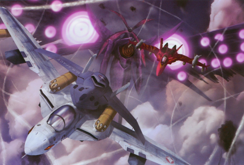 aircraft airplane alien anti-u.n. battle birdhuman chasing fighter_jet ghost_drone jet kudou_shin macross macross_zero mayan_(macross) mecha military military_vehicle no_humans non-web_source nora_polyansky protoculture qf-2001 realistic robot sara_nome spoilers sv-51 u.n._spacy variable_fighter vehicle_focus vf-0