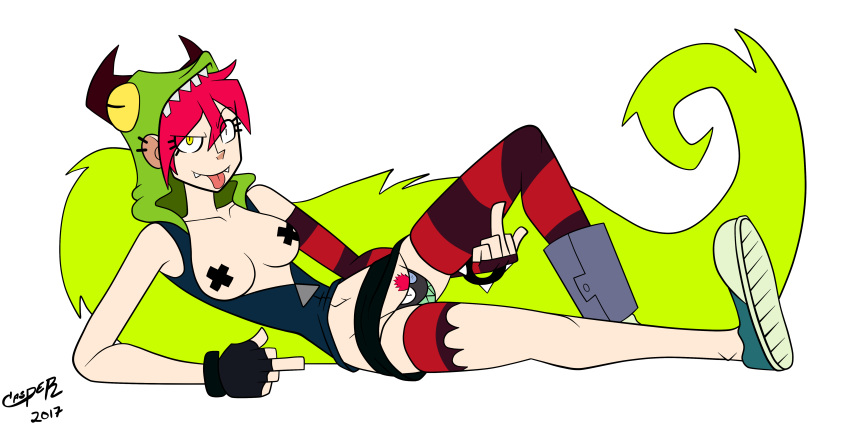 2017 black_tape breasts casper_(artist) demencia middle_finger pubic_hair punk red_hair stockings tongue villainous