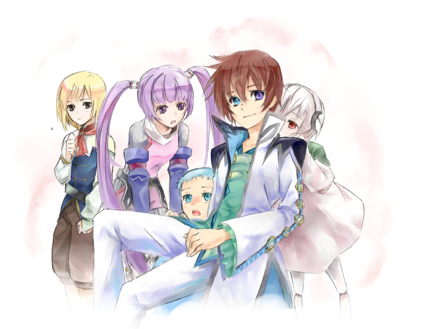 3boys aged_down asbel_lhant blonde_hair blue_eyes blue_hair brothers coat commentary_request female heterochromia hubert_ozwell ishizue_ei lambda_(tales) multiple_boys photoshop_(medium) purple_eyes purple_hair richard_(tales) siblings sophie_(tales) spoilers tales_of_(series) tales_of_graces time_paradox twintails white_background white_coat white_hair