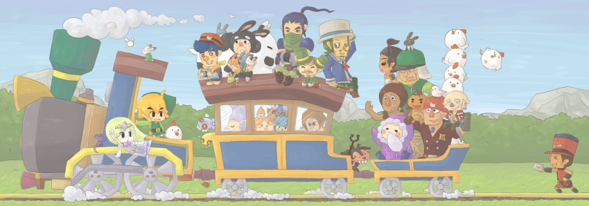 4girls 6+boys alfonzo animal_costume anjean bird blonde_hair byrne_(zelda) camera chancellor_cole chicken chuchu_(zelda) commentary_request cucco everyone fairy goron hat highres jolene letter linebeck link locomotive mailman mouse_(animal) multiple_boys multiple_girls on_vehicle outdoors princess_zelda rabbit rabbit_costume steam_locomotive the_legend_of_zelda the_legend_of_zelda:_spirit_tracks tiara train tsutsuji