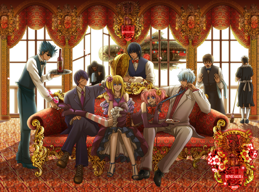 2girls 6+boys alcohol blonde_hair blue_eyes blue_hair bottle brown_eyes butler cake commentary_request couch dress eating elizabeth_(gintama) eriyama eyepatch flower food fork formal gintama glasses hair_ornament hairpin kagura_(gintama) katsura katsura_kotarou kawakami_bansai kijima_matako legs long_hair lying maid male_focus multiple_boys multiple_girls necktie nizou_okada pastry pink_hair purple_hair ribbon rose sakata_gintoki shimura_shinpachi short_hair sitting spacecraft suit takasugi_shinsuke takechi_henpeita thighhighs tray twintails waiter white_hair window wine