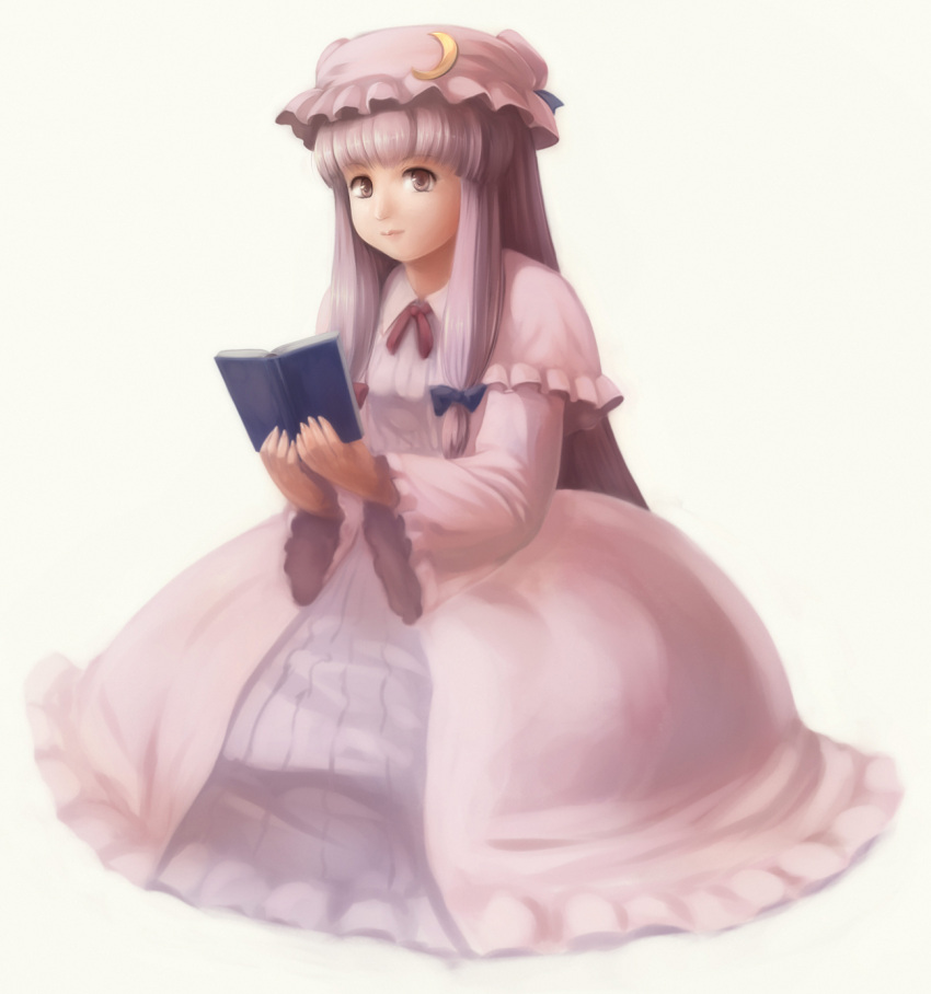 book commentary_request crescent crescent_hat_ornament female hat hat_ornament highres long_hair patchouli_knowledge photoshop_(medium) purple_eyes purple_hair solo tdk touhou