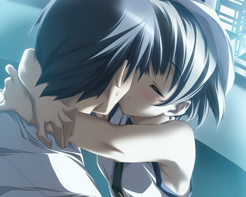 1boy ashita_no_kimi_to_au_tame_ni bare_shoulders black_hair blush closed_eyes couple female fujisaki_asahi game_cg grey_hair hat hug imminent_kiss kurashima_tomoyasu necktie night short_hair sleeveless straight sweat