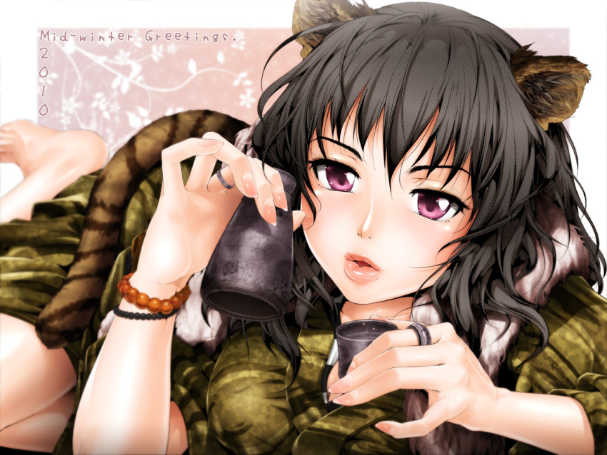 alcohol animal_ears black_hair bracelet female fingernails inoue_makito japanese_clothes jewelry lips lying original photoshop_(medium) pink_eyes ring sake shiny_skin solo tail tiger_ears tiger_tail