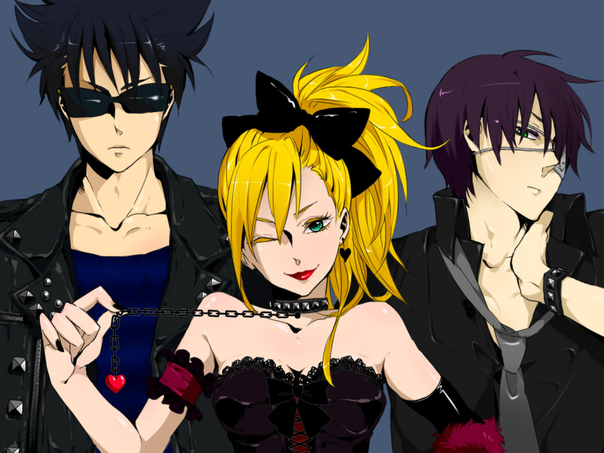 2boys bad_id bad_pixiv_id black_hair blonde_hair chains earrings eyepatch female gintama glasses gothic_lolita green_eyes hands jewelry kawakami_bansai kijima_matako lolita_fashion multiple_boys necktie purple_hair rmtsm smile takasugi_shinsuke