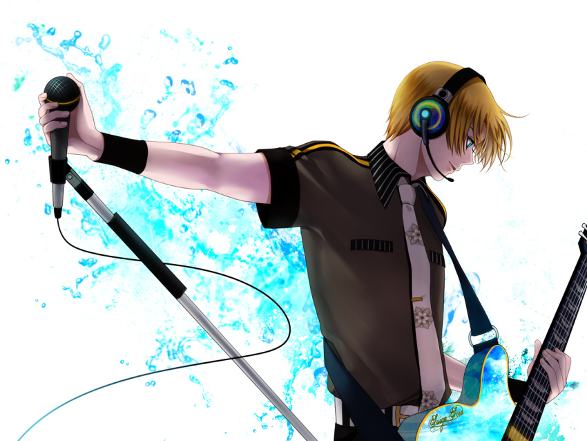 1boy aqua_eyes bad_id bad_pixiv_id blonde_hair guitar headphones headset instrument male_focus microphone microphone_stand necktie solo suiga_sora utau water wii_hola