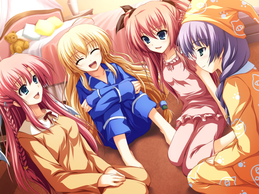 4girls akatsuki_no_goei bed blonde_hair blue_eyes braid closed_eyes game_cg half_updo highres indoors kneeling kurayashiki_tae long_hair multiple_girls nikaidou_aya nikaidou_reika pajamas pink_hair purple_hair sitting sleepover stuffed_animal stuffed_toy teddy_bear tomose_shunsaku tsuki_(akatsuki_no_goei) very_long_hair