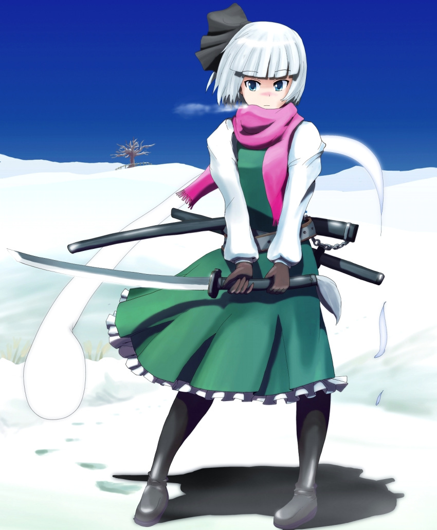 bare_tree buncha_to_imon commentary_request female gimp_(medium) gloves highres konpaku_youmu konpaku_youmu_(ghost) scarf snow solo sword touhou tree weapon winter