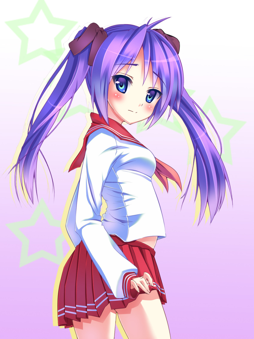 blue_eyes blush breasts commentary_request ebicha female hair_ribbon highres hiiragi_kagami ishikei_(style) long_hair long_sleeves looking_at_viewer looking_back lucky_star medium_breasts midriff miniskirt neckerchief photoshop_(medium) pleated_skirt profile purple_hair red_neckerchief red_sailor_collar red_skirt ribbon ryouou_school_uniform sailor_collar school_uniform serafuku shirt skirt solo standing star_(symbol) thighs tsurime twintails white_shirt