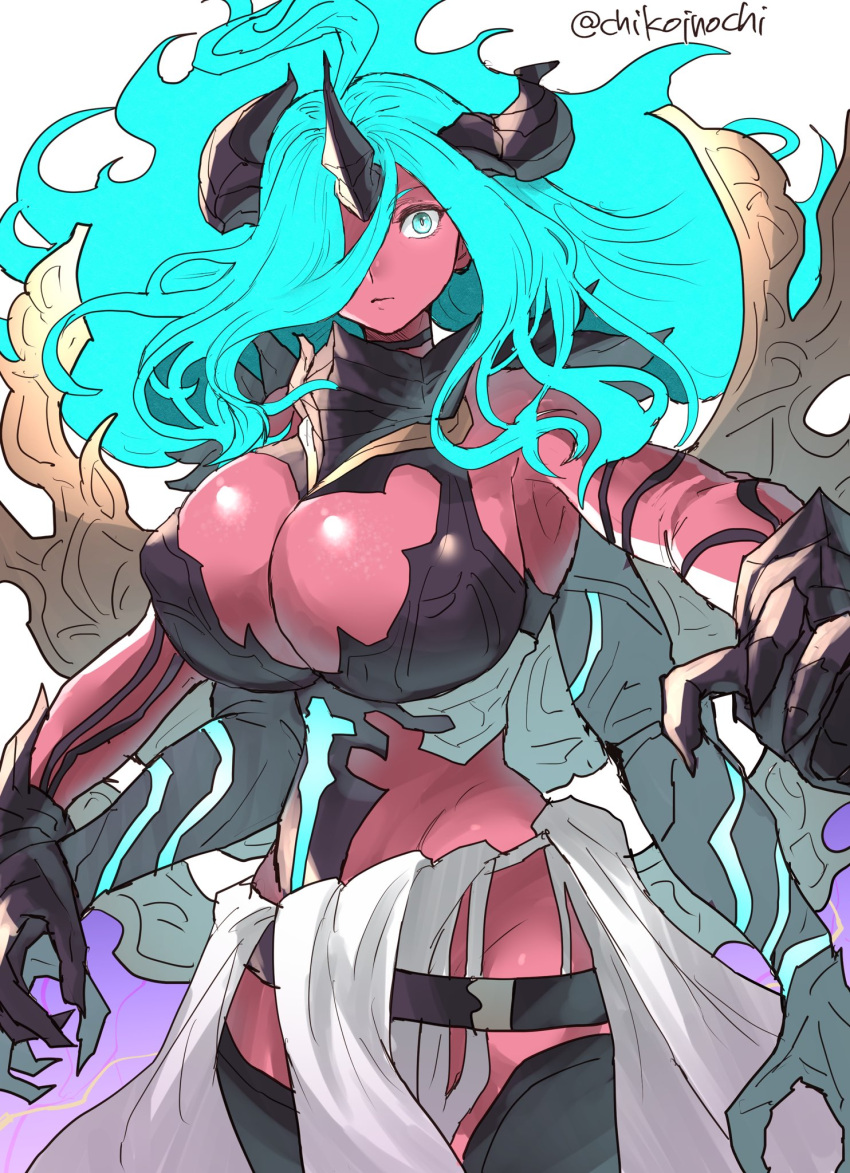 black_horns blue_hair body_markings breasts chikoinochi cleavage colored_skin extra_arms female granblue_fantasy hair_over_one_eye highres horns large_breasts red_skin solo versusia_(granblue_fantasy_versus:_rising)