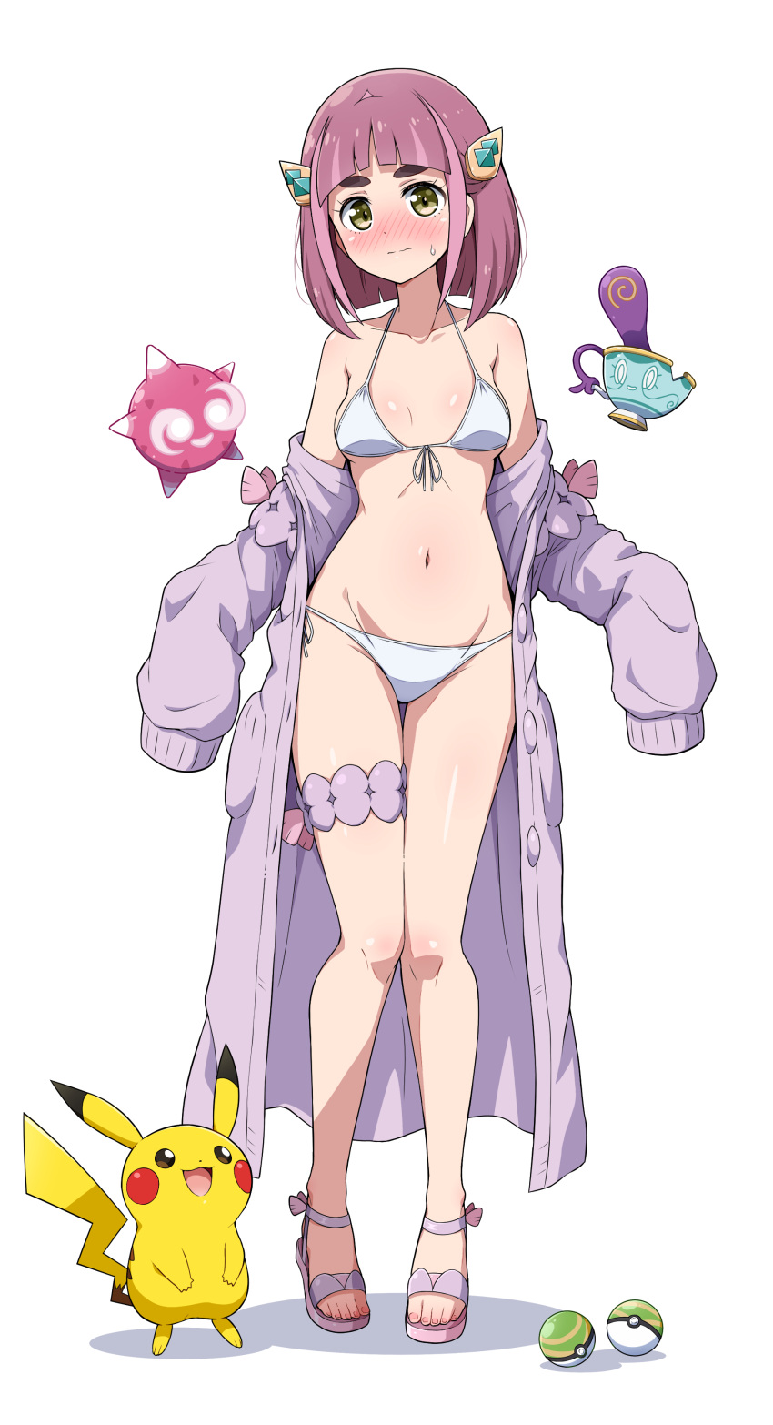 absurdres arched_bangs bikini blush buttons closed_mouth coat collarbone commentary_request eggman_(pixiv28975023) embarrassed eyelashes female full_body hair_ornament hairclip highres lacey_(pokemon) looking_at_viewer medium_hair minior minior_(core) minior_(red_core) navel nose_blush open_clothes open_coat pikachu poke_ball pokemon pokemon_(creature) pokemon_sv purple_coat purple_hair revision sandals simple_background sinistea sleeves_past_fingers sleeves_past_wrists standing swimsuit thigh_strap toes white_background white_bikini yellow_eyes