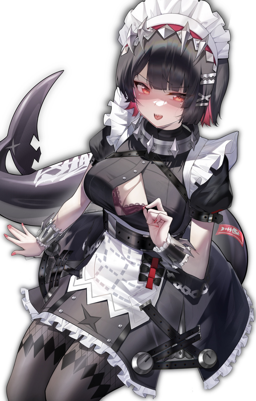 absurdres argyle_clothes argyle_legwear black_bra black_dress black_hair black_pantyhose bra breasts button_gap cleavage collar colored_inner_hair commentary_request dress ellen_joe female fingernails fins fish_tail frilled_dress frills hair_ornament highres horn_hairband jihua_tong large_breasts looking_at_viewer maid_headdress mole mole_under_eye multicolored_hair nail_polish open_mouth outline pantyhose partially_shaded_face partially_unbuttoned puffy_short_sleeves puffy_sleeves red_hair red_nails shark_girl shark_tail sharp_teeth short_hair short_sleeves simple_background sitting solo spiked_collar spikes streaked_hair tail teeth tongue two-tone_hair underwear white_background white_headdress x_hair_ornament zenless_zone_zero