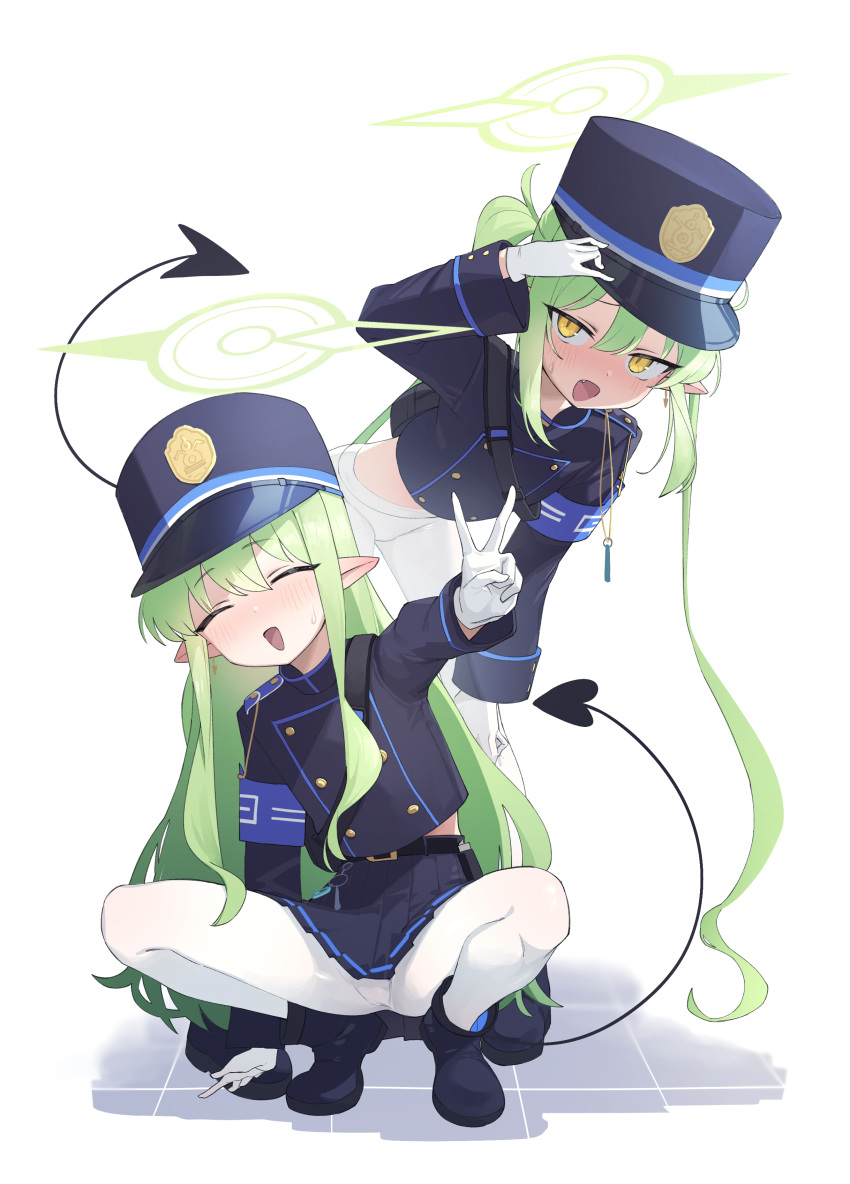 2girls :d ^_^ absurdres armband black_footwear black_hat black_jacket blue_archive blue_armband bongnom closed_eyes commentary_request demon_tail full_body gloves green_hair green_halo halo hat highres hikari_(blue_archive) jacket long_hair looking_at_viewer multiple_girls nozomi_(blue_archive) open_mouth pantyhose pointy_ears shoes siblings sidelocks simple_background sisters smile squatting standing tail twins twintails v white_background white_gloves