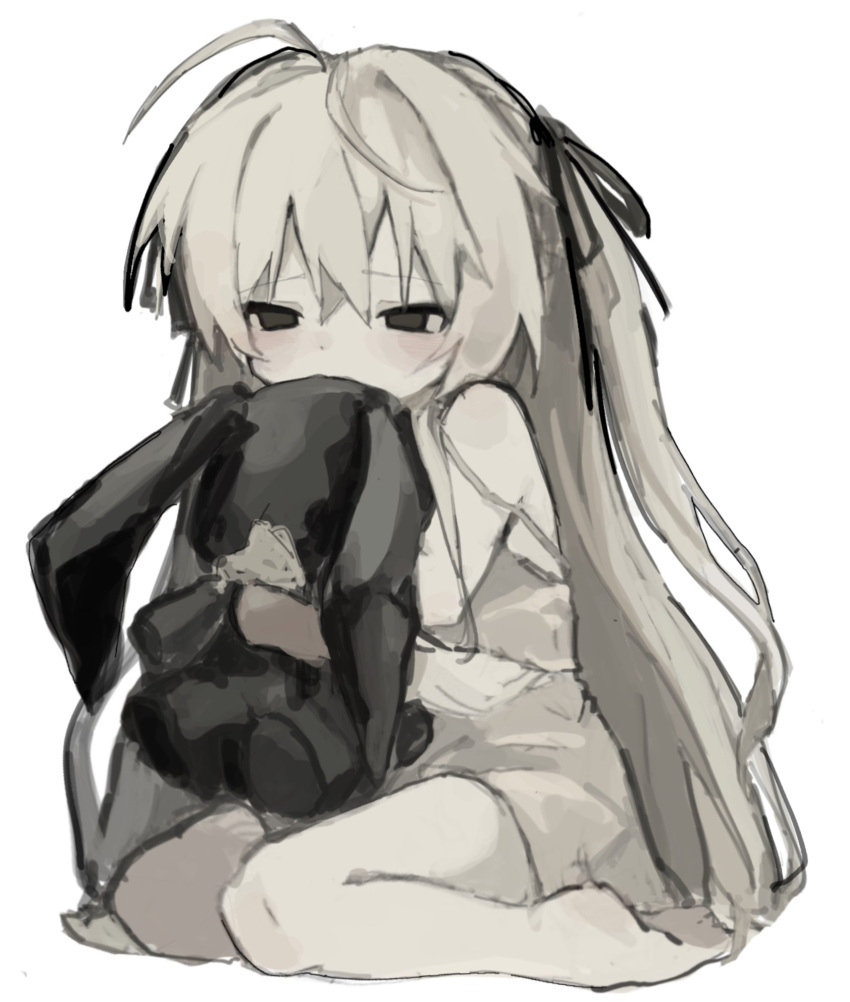 ahoge black_eyes black_ribbon camisole dress female hair_ribbon highres hugging_object kasugano_sora long_hair ribbon sitting solo stuffed_animal stuffed_rabbit stuffed_toy tsurayowata two_side_up very_long_hair wariza white_dress white_hair yosuga_no_sora