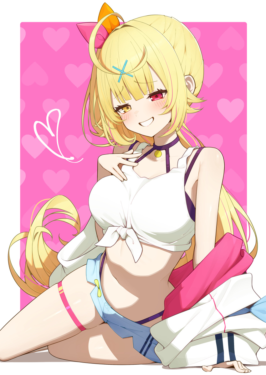 absurdres ahoge arm_support bare_shoulders blonde_hair blue_shorts blush border breasts commentary_request female hair_ornament heart heart_background heterochromia highleg highres hoshikawa_sara hoshikawa_sara_(1st_costume) jacket large_breasts long_hair looking_ahead lunch_boxer micro_shorts midriff navel nijisanji off_shoulder pink_background red_eyes shirt shorts side_ponytail sitting smile smug solo tank_top tied_shirt virtual_youtuber white_border white_jacket white_tank_top x_hair_ornament yellow_eyes yokozuwari