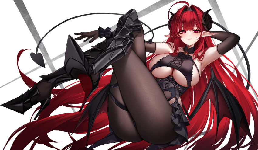 armored_boots armpits azur_lane black_footwear black_gloves black_hairband black_horns black_pantyhose blush boots breasts commentary_request curled_horns eternity_(shadeh) female gloves hairband high_heel_boots high_heels highres hindenburg_(azur_lane) horns large_breasts long_hair looking_at_viewer pantyhose parted_lips pointy_ears red_eyes red_hair sideboob smile solo tail thighs white_background wings