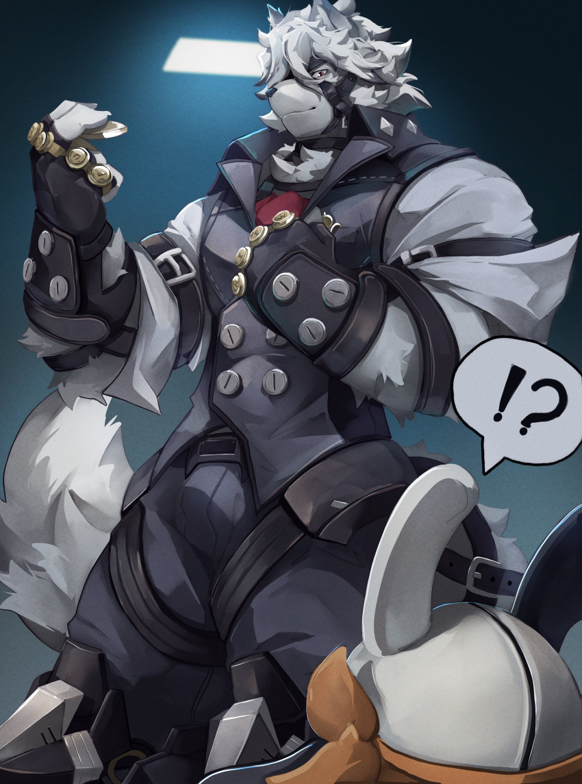 2024 ?! absurd_res anthro bangboo belt big_muscles bottomwear canid canine canis claws clothed clothing duo eous_(zenless_zone_zero) fingerless_gloves fur gloves hair handwear hi_res kemono knee_pads looking_at_another machine makowolf1 male mammal mask mihoyo muscular muscular_anthro muscular_male pants robot shirt simple_background size_difference smile solo_focus speech_bubble standing straps topwear tuft vest von_lycaon wolf zenless_zone_zero