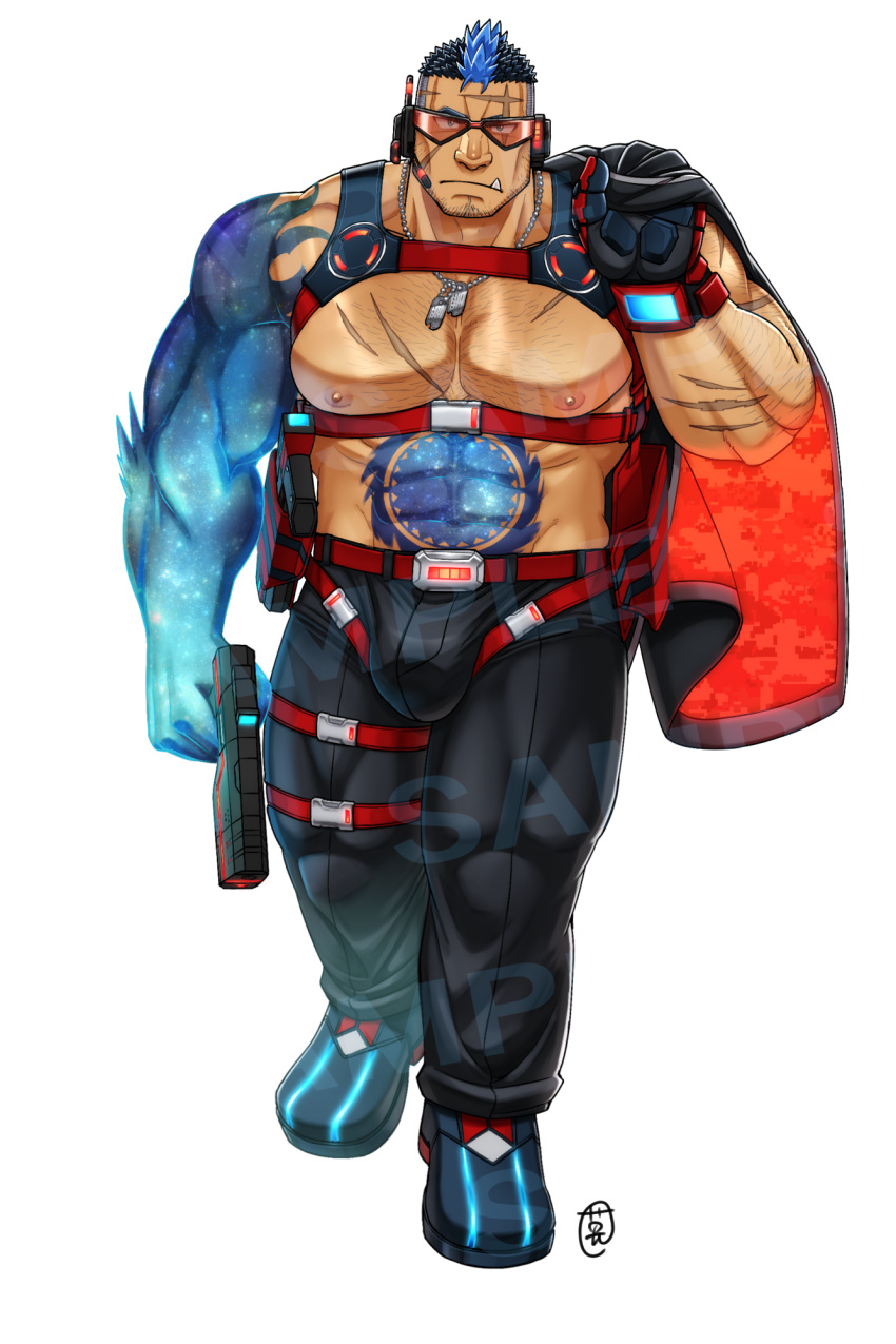 1boy abs bara bare_pectorals beard_stubble belt blue_hair bulge bulge_lift chest_harness cross_scar dog_tags ei_(marutendon) facial_hair forearms full_body glowing_skin goggles gradient_skin gun hairy harness highres holding holding_gun holding_weapon huge_pectorals live_a_hero looking_at_viewer male_focus mature_male merchandise_available multicolored_hair multiple_belts muscular muscular_male nipples pectorals scar scar_on_cheek scar_on_face scar_on_forehead short_hair solo sparse_arm_hair sparse_chest_hair strongman_waist stubble thick_eyebrows thick_thighs thighs tusks two-tone_hair undercut walking weapon white_background yoshiori_(live_a_hero)