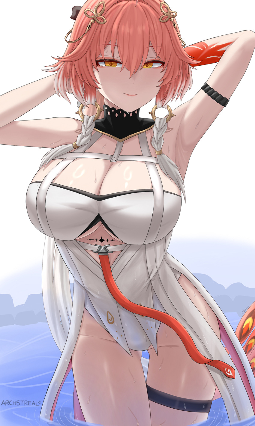 archstreal arm_strap armpits arms_up artist_name bare_shoulders breasts changli_(wuthering_waves) cleavage closed_mouth female hair_ornament highres large_breasts long_hair looking_at_viewer partially_submerged red_hair smile solo tacet_mark_(wuthering_waves) thigh_strap thighs water white_background white_hair wuthering_waves