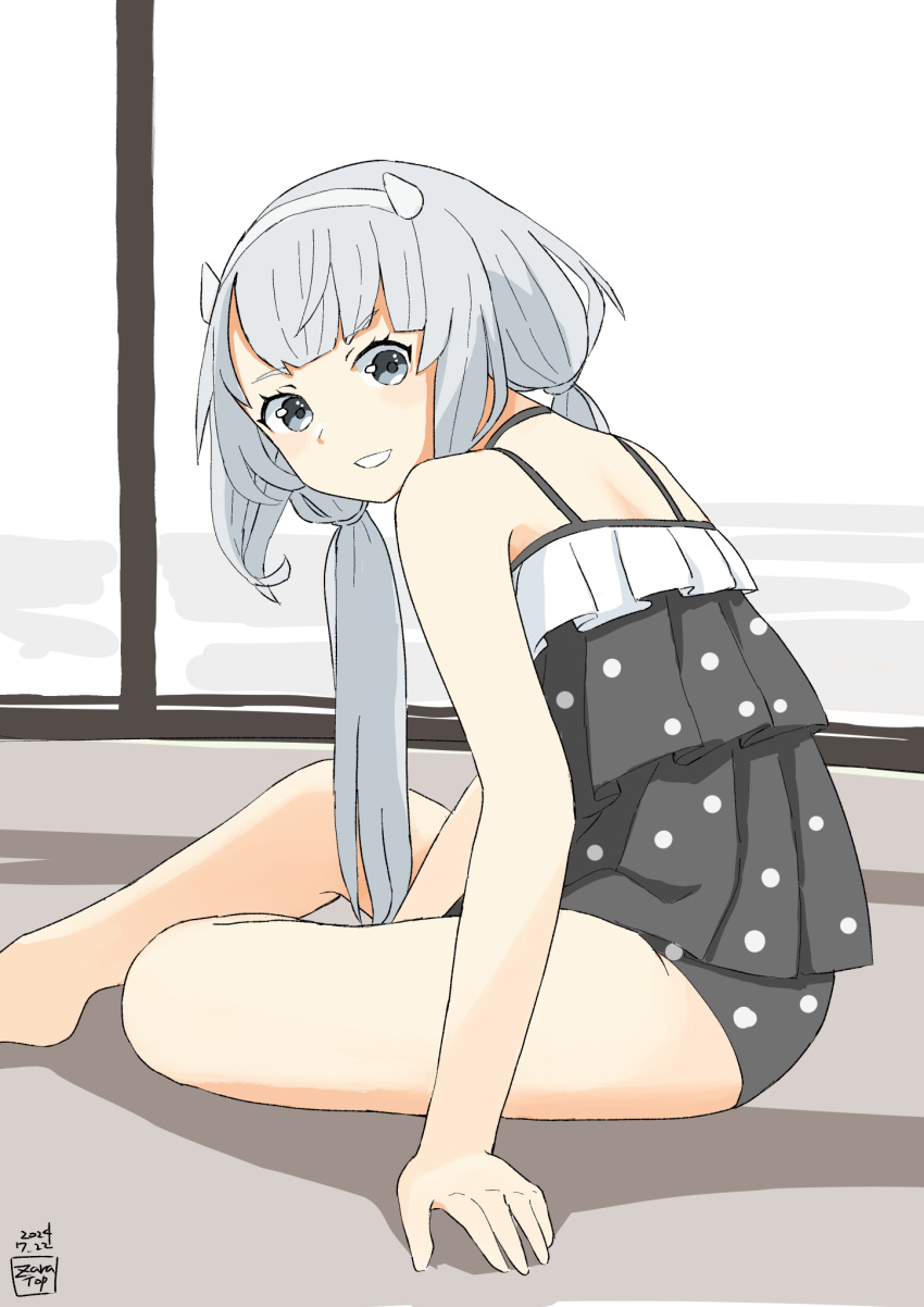 black_one-piece_swimsuit blush casual_one-piece_swimsuit dress_swimsuit fake_horns female grey_eyes grey_hair hair_ornament headgear highres horned_headwear horns i-201_(kancolle) i-201_(swimsuit_mode)_(kancolle) indoors kantai_collection long_hair looking_at_viewer looking_to_the_side low_twintails official_alternate_costume one-piece_swimsuit polka_dot polka_dot_swimsuit shadow sitting sliding_doors solo swimsuit swimsuit_skirt toplow twintails x_hair_ornament