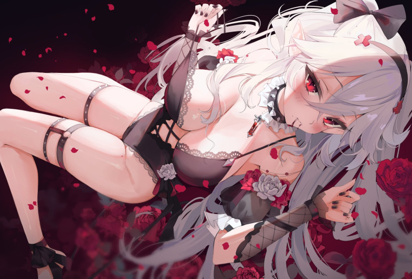 ankle_ribbon bella_(vtuber) beyumi black_nails blood blood_from_mouth blush bow breasts cleavage collar cross_hair_ornament detached_sleeves female flower frills hair_between_eyes hair_ornament hairband indie_virtual_youtuber large_breasts leg_ribbon legs leotard lying on_back petals red_eyes ribbon solo spiked_collar spikes thigh_strap thighs virtual_youtuber white_hair