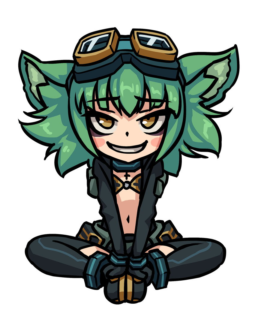 absurdres animal_ear_fluff animal_ears blush_stickers center_opening chibi female goggles goggles_on_head green_hair gremlin_(monster_girl_encyclopedia) grin highres looking_at_viewer monorus monster_girl_encyclopedia short_hair simple_background sitting smile solo thighhighs v_arms white_background yellow_eyes