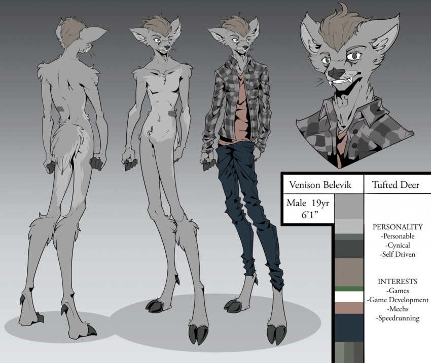 2016 anthro biped birthmark black_nose bottomwear cervine clothed clothing deer digital_drawing_(artwork) digital_media_(artwork) english_text fangs flannel looking_at_viewer majmajor male mammal markings model_sheet nude oversized_bottomwear oversized_clothing oversized_pants pants simple_background smile solo teeth text topless tufted_deer venison_belevik