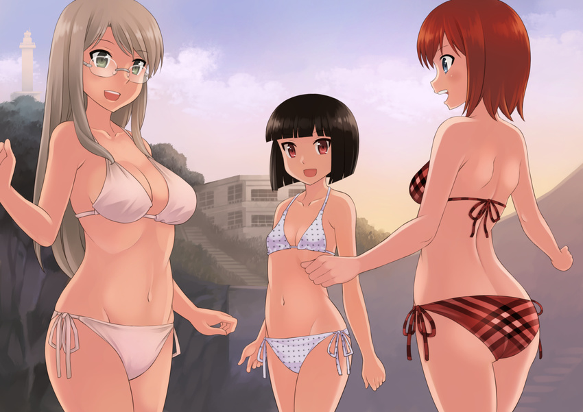 3girls akatsuki_miho akemiho_tabi_nikki bad_id bad_pixiv_id bikini black_hair blue_eyes blush fukube_tamaki gendai_ninjakko_zukan glasses green_eyes grey_hair kouno_hikaru long_hair looking_at_viewer multiple_girls open_mouth oribe_shiori original plaid plaid_bikini polka_dot polka_dot_bikini red_bikini red_eyes red_hair short_hair side-tie_bikini_bottom swimsuit teeth upper_teeth_only white_bikini