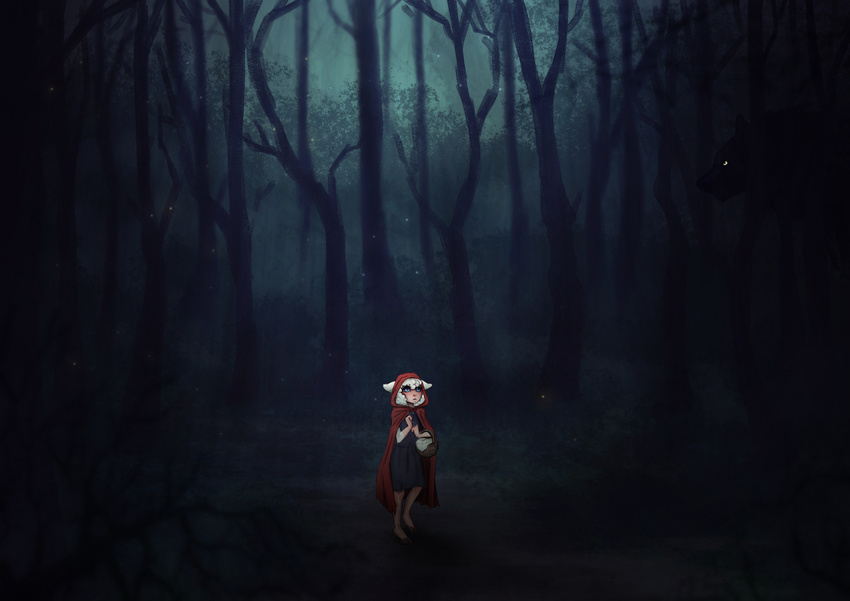 absurd_res anthro basket bovid cape caprine cloak clothed clothing container dark darkness domestic_sheep fairy_tales female forest hi_res holding_object hood little_red_riding_hood little_red_riding_hood_(copyright) mammal plant psi_(artist) scared sheep solo standing tree young young_anthro