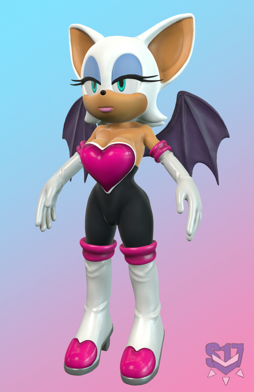 2019 3d_(artwork) anthro bat blue_eyes breasts chromakoros cleavage clothed clothing digital_media_(artwork) female fur gradient_background hi_res makeup mammal rouge_the_bat sega simple_background solo sonic_the_hedgehog_(series) tan_body tan_skin white_body white_fur wings