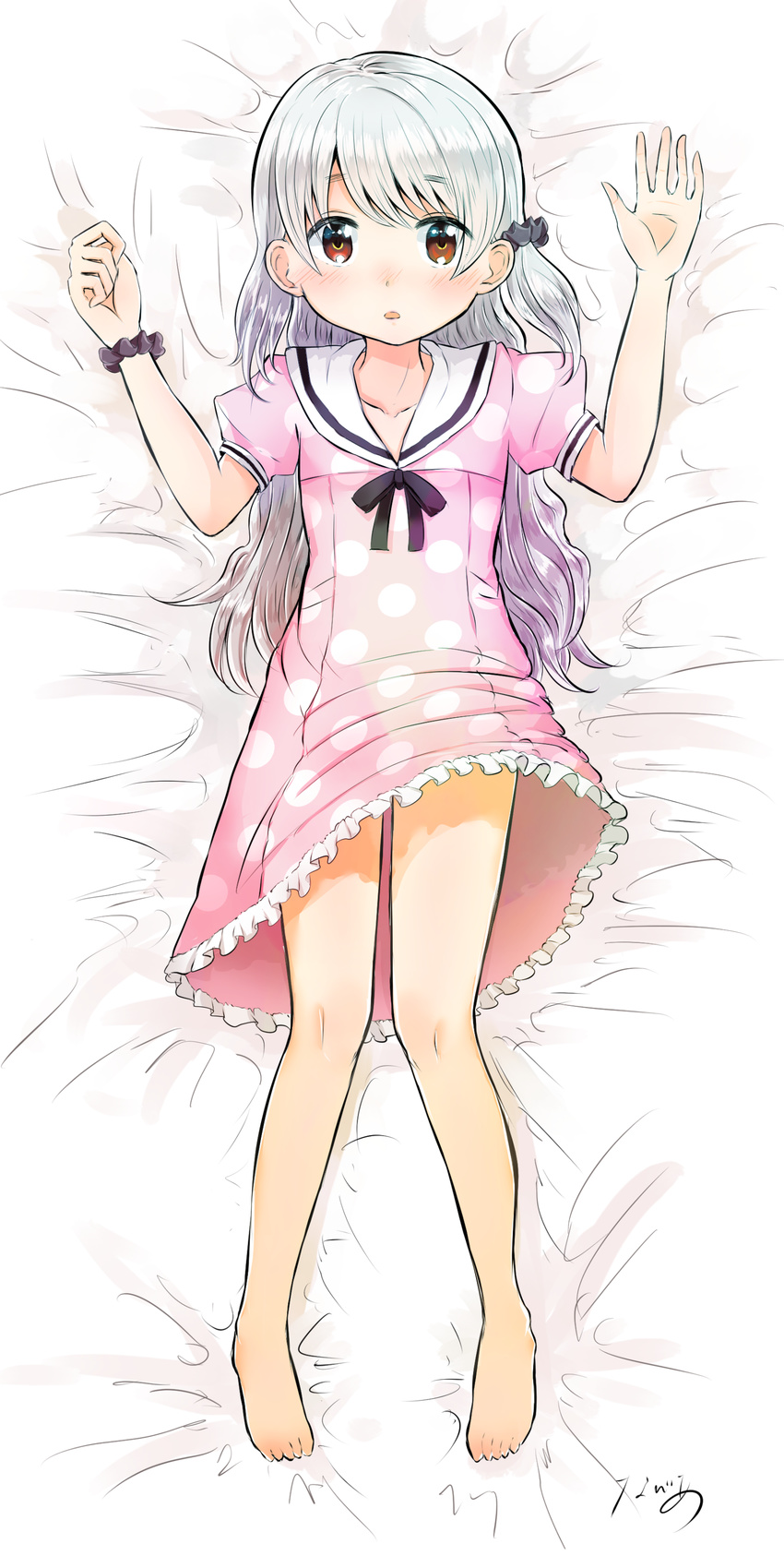 :o absurdres barefoot black_scrunchie blush brown_eyes clothes_lift commentary_request dakimakura_(medium) dress dress_lift female full_body hair_between_eyes hair_ornament hair_scrunchie highres long_hair looking_at_viewer lying mahou_shoujo_madoka_magica mahou_shoujo_madoka_magica:_hangyaku_no_monogatari momoe_nagisa na_bia on_back pink_dress polka_dot polka_dot_dress scrunchie solo two_side_up wavy_hair white_hair