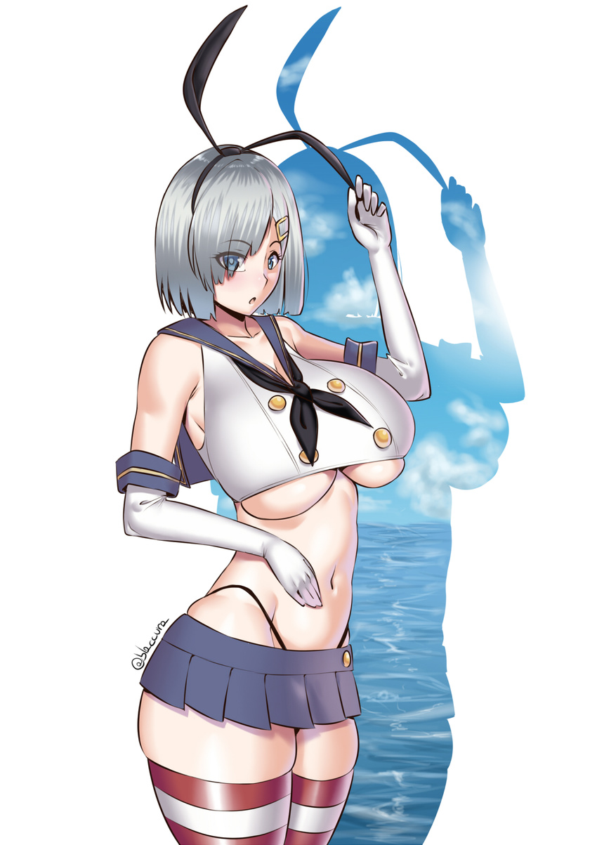 :o bare_shoulders blaccura bow breasts commentary_request cosplay crop_top elbow_gloves female gloves grey_hair hair_ornament hair_over_one_eye hairbow hairclip hamakaze_(kancolle) highres huge_breasts kantai_collection long_hair microskirt navel parted_lips shadow shimakaze_(kancolle) shimakaze_(kancolle)_(cosplay) simple_background skindentation skirt solo thick_thighs thighs thong white_background white_gloves