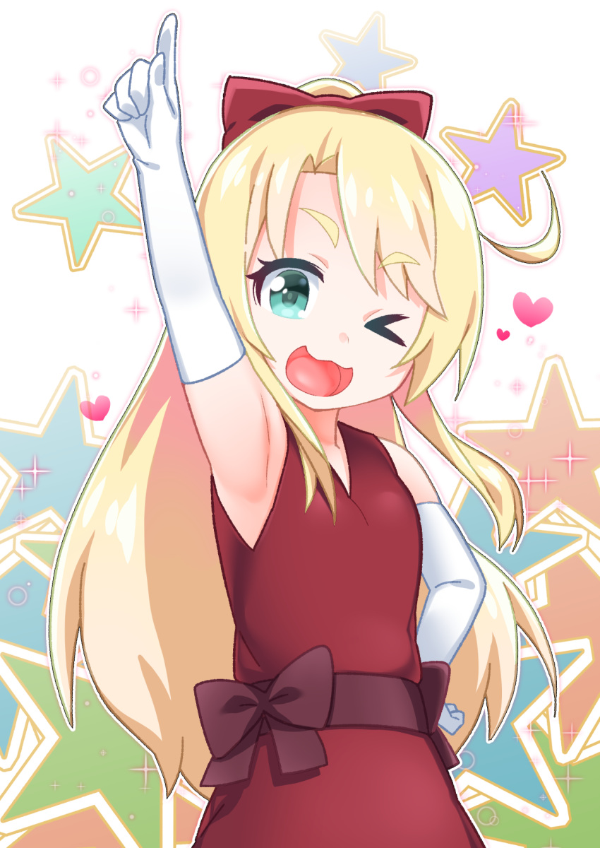 >_o :3 ;d arm_up armpits blonde_hair bow commentary_request dress elbow_gloves female gloves green_eyes hairbow happy_happy_friends high_ponytail highres himesaka_noa index_finger_raised kirisame_mia long_hair one_eye_closed open_mouth ponytail red_bow red_dress sleeveless sleeveless_dress smile solo star_(symbol) thick_eyebrows upper_body v-shaped_eyebrows very_long_hair watashi_ni_tenshi_ga_maiorita! white_background white_gloves