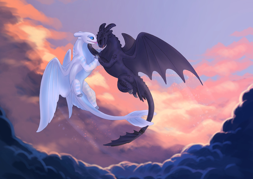 2019 acidapluvia black_body claws day digital_media_(artwork) dragon dreamworks duo european_mythology feral flying fury_(httyd) horn how_to_train_your_dragon light_fury membrane_(anatomy) membranous_wings mythological_creature mythological_scalie mythology night_fury nubless outside scalie sky smile tail tongue tongue_out toothless western_dragon white_body wings