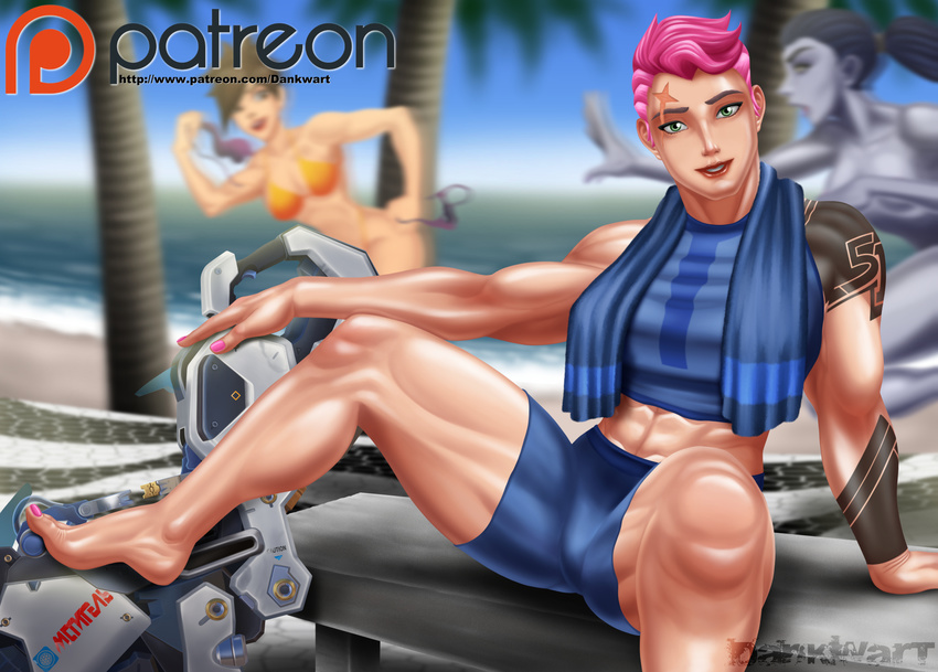 3girls abs dankwart female looking_at_viewer multiple_girls muscle overwatch pink_hair tattoo towel tracer_(overwatch) widowmaker_(overwatch) zarya_(overwatch)