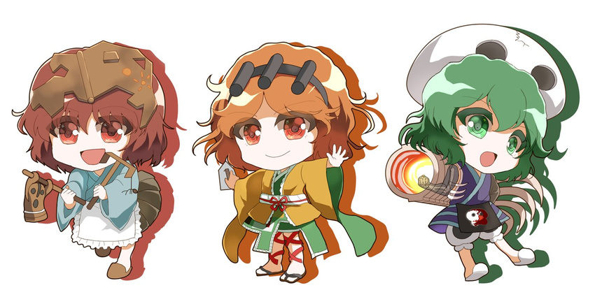 3others androgynous apron arm_cannon bone bow brilliant_pagoda_or_haze_castle chibi commentary_request detached_sleeves green_eyes green_hair hairband hakama hakama_short_skirt hakama_skirt haniwa_(statue) helmet japanese_clothes katano_sukune kijipoko kitsugai_sese len'en looking_at_viewer multiple_girls multiple_others open_mouth orange_hair other_focus puffy_shorts red_eyes red_hair short_hair shorts skirt skull-shaped_hat smile weapon zuifeng_tenkai