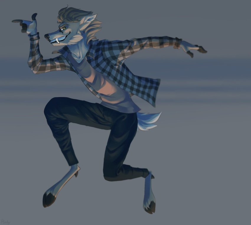 2016 anthro biped black_nose bottomwear cervine clothed clothing deer digital_drawing_(artwork) digital_media_(artwork) falling fangs feet finger_gun flannel fully_clothed fur gesture hand_gesture jumping looking_at_viewer male mammal multicolored_body multicolored_fur open_mouth pants portrait potar running shirt simple_background smile smirk solo standing teeth toes topwear tufted_deer two_tone_body two_tone_fur venison_belevik