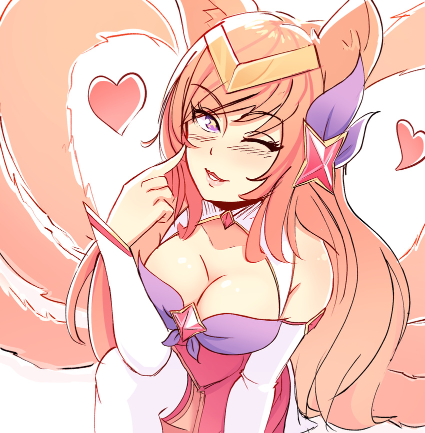 ahri alternate_costume alternate_eye_color alternate_hair_color alternate_hairstyle animal_ears breasts cleavage female fox_ears fox_girl fox_tail hair_ornament league_of_legends long_hair magical_girl peach_hair purple_eyes solo star_guardian_ahri wink