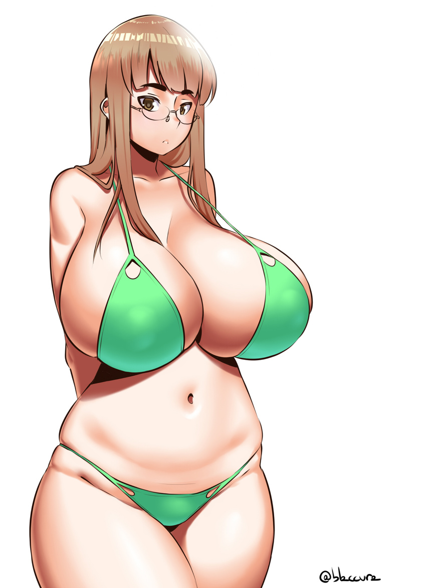 :< arms_behind_back bare_shoulders belly bikini blaccura breasts brown_eyes brown_hair cleavage commentary_request curvy female glasses green_bikini highres huge_breasts long_hair navel original plump pout shadow simple_background skindentation solo swimsuit thick_eyebrows thick_thighs thighs twitter_username white_background wide_hips