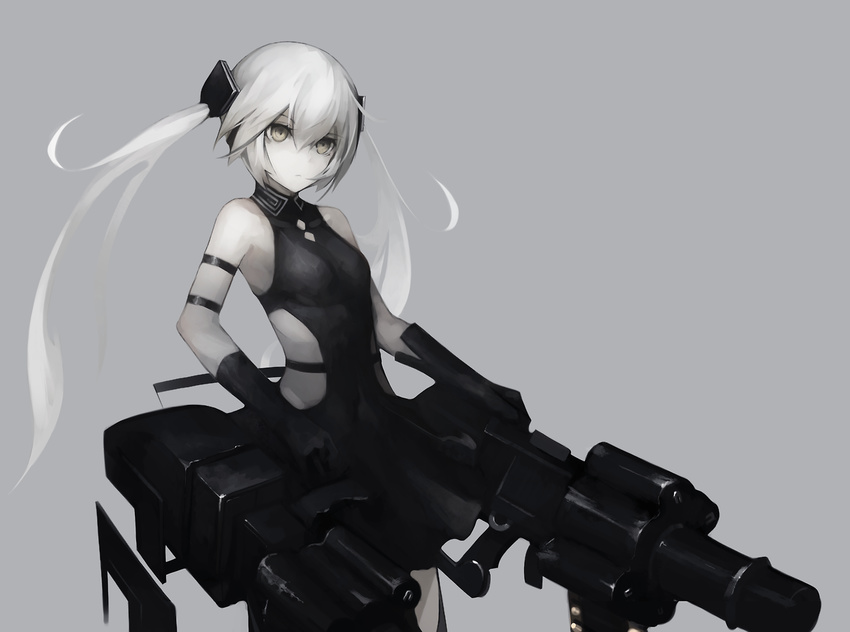 bad_id bad_pixiv_id black_dress black_theme breasts closed_mouth commentary destroyer_(girls'_frontline) dress expressionless female girls'_frontline grey_background grey_eyes grey_hair grey_theme gyup hair_between_eyes long_hair looking_at_viewer rigging sangvis_ferri sidelocks simple_background small_breasts solo symbol-only_commentary twintails very_long_hair