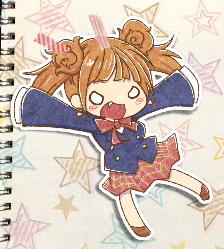 blush bow bowtie brown_hair chibi commentary_request double_bun female hair_bun hamuya_kuzunoha. highres oerba_yun_fang open_mouth sailor_collar school_uniform shin_megami_tensei shin_megami_tensei:_liberation_dx2 solo star_(symbol) teeth ueda_ririn