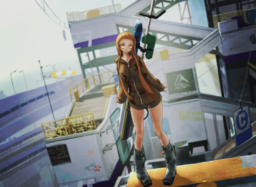 blunt_bangs boots camouflage camouflage_hoodie commentary e-liter_3k_(splatoon) female glasses highres hood hoodie inkling inkling_girl inkling_player_character knee_boots legs_apart long_hair looking_at_viewer md5_mismatch moray_towers orange_eyes orange_hair pandarou realistic shirt solo splatoon_(series) splatoon_1 standing super_soaker