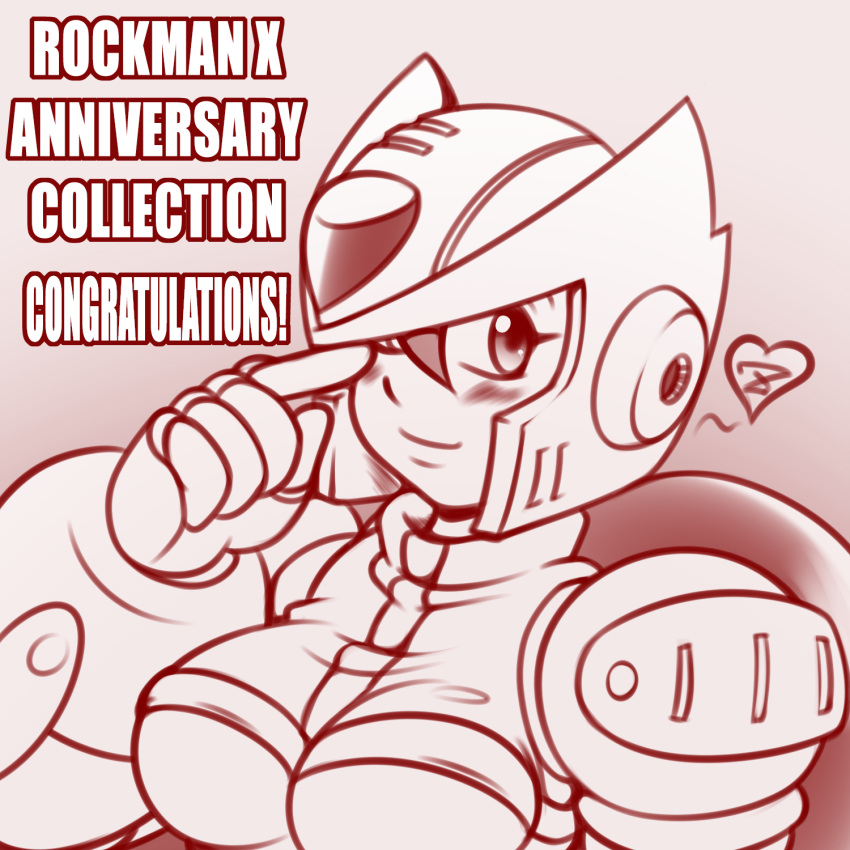 android blush breasts capcom copyright_name female female hair_between_eyes hearth hyoumaru index_finger_raised iris_(rockman_x) large_breasts long_hair monochrome portrait rockman rockman_x smile solo text_focus uncolored zero_(rockman)