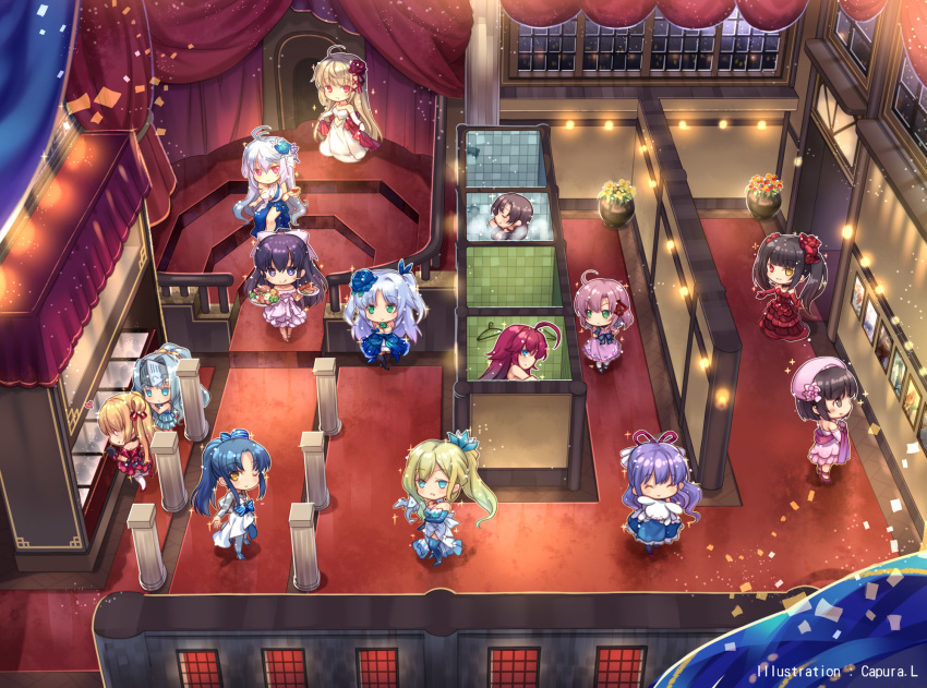 6+girls ahoge aliceliese_lou_nebulis_ix artist_name assassins_pride bare_shoulders blonde_hair blue_dress blue_eyes bow brown_hair capura_lin character_request chibi commentary_request date_a_live densetsu_no_yuusha_no_densetsu doll dress elbow_gloves eucliwood_hellscythe food gloves green_eyes grey_hair hair_between_eyes hair_ornament hair_ribbon hairbow heterochromia high_school_dxd highres holding holding_doll holding_food indoors katou_megumi kimi_to_boku_no_saigo_no_senjou_arui_wa_sekai_ga_hajimaru_seisen kore_wa_zombie_desu_ka? long_hair merida_angel multiple_girls nagami_suzuka official_art oosuki_mamako ore_ga_suki_nano_wa_imouto_dakedo_imouto_janai photoshop_(medium) pink_dress ponytail purple_eyes purple_hair red_dress red_eyes red_hair rias_gremory ribbon saenai_heroine_no_sodatekata sakurano_kurimu seitokai_no_ichizon short_hair showering smile sparkle swept_bangs tokisaki_kurumi tsuujou_kougeki_ga_zentai_kougeki_de_ni-kai_kougeki_no_okaasan_wa_suki_desu_ka? twintails white_dress white_hair yatogami_tooka yellow_eyes