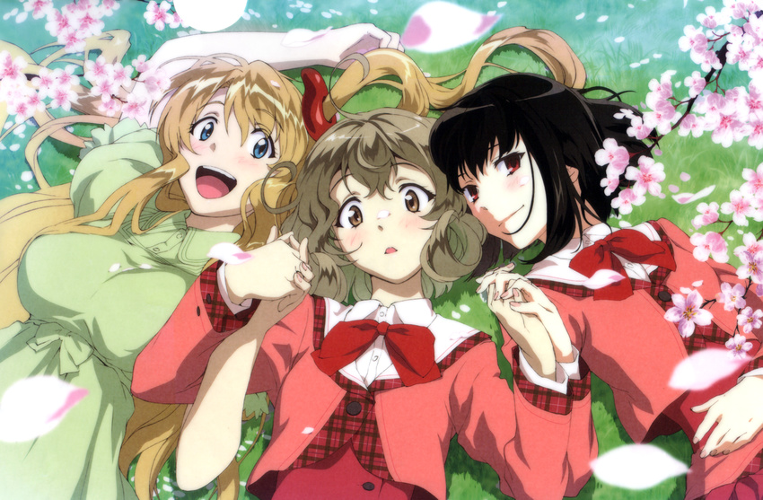 3girls :d arm_up artist_request black_hair blonde_hair blue_eyes blush bow bowtie breasts brown_hair cherry_blossoms closed_mouth collared_shirt dress dress_shirt from_above girl_sandwich grass green_dress head_tilt highres holding_hands large_breasts long_sleeves lying magatama multiple_girls on_back one_side_up open_mouth parted_lips petals plaid red_bow red_bowtie red_eyes sandwiched sasami-san@ganbaranai school_uniform shirt short_sleeves smile tsukuyomi_sasami wing_collar yagami_kagami yagami_tama