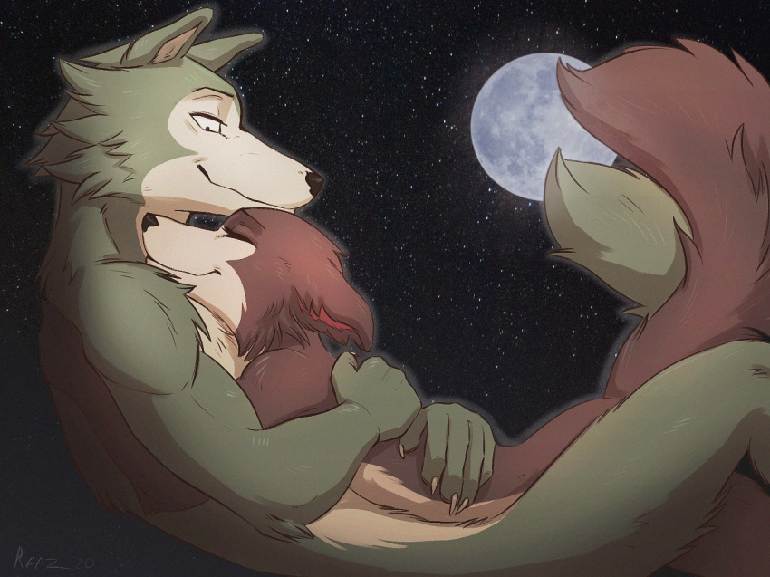 <3 anthro anthro_on_anthro beastars brown_body brown_fur canid canine canis cuddling detailed_background duo female female_on_top fluffy fluffy_tail fur green_body green_fur hug juno_(beastars) legoshi_(beastars) love male mammal moon night nude outside raaz romantic romantic_couple sky smile star starry_sky straight wholesome wolf