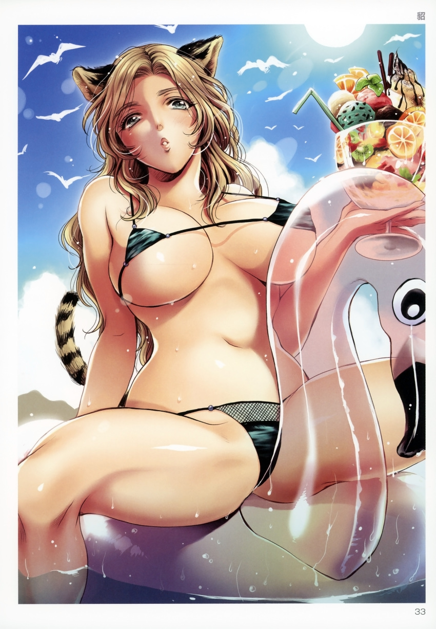 absurdres animal animal_ears artist_name bare_shoulders bikini bird black_bikini blue_sky breasts cloud cloudy_sky cream day drinking_straw female fingernails flieger food fruit highres holding ice_cream large_breasts lips looking_at_viewer micro_bikini navel orange_(fruit) orange_slice outdoors page_number parted_lips scan see-through shiny_skin sitting sky solo spread_legs sun sunlight swimsuit tail tiger_ears tiger_tail toranoana water water_drop wet