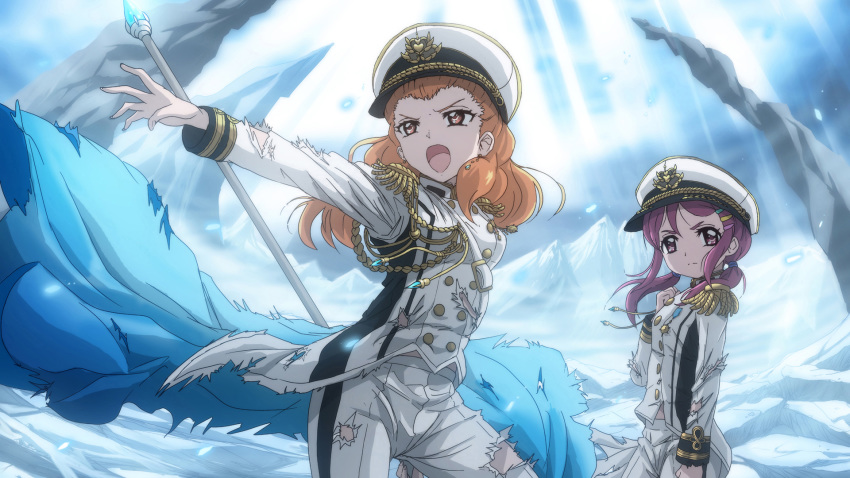 2girls :o arm_at_side blue_sky clenched_hand commentary_request earrings epaulettes futa-futa hair_ornament hair_tie hairclip hat highres hugtto!_precure ichijou_ranze idolmaster idolmaster_cinderella_girls idolmaster_cinderella_girls_starlight_stage jewelry long_hair looking_afar medium_hair military military_uniform multiple_girls naval_uniform nono_kotori orange_eyes orange_hair outdoors outstretched_hand pants photoshop_(medium) precure purple_hair seizon_honnou_valkyria_(idolmaster) short_ponytail sky torn_clothes torn_pants torn_sleeves uniform voice_actor_connection