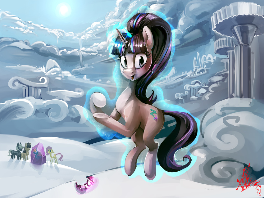 2015 4:3 alumx cloud cloudsdale crystal cutie_mark equid equine female feral fluttershy_(mlp) flying friendship_is_magic fur group hair hasbro hi_res horn looking_at_viewer magic mammal multicolored_hair my_little_pony mythological_creature mythological_equine mythology outside pink_body pink_fur rainbow_dash_(mlp) sky smile smirk starlight_glimmer_(mlp) sun two_tone_hair unicorn young